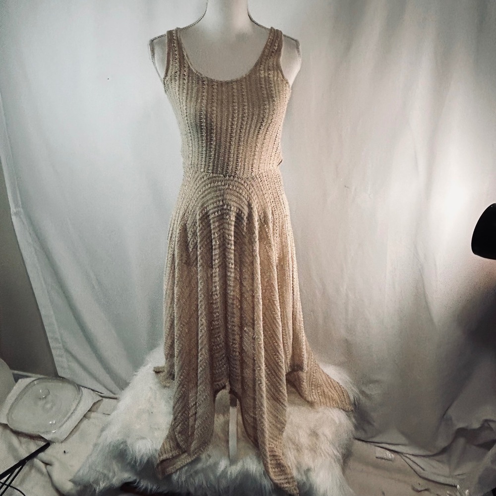 Boho Beige Open‎ Knit Crochet Handkerchief Hem Sleeveless Midi Dress Women